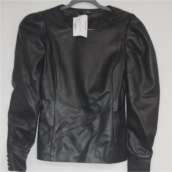 NWOT Aqua Faux Leather Puff Sleeve Top - Picture 2 of 4